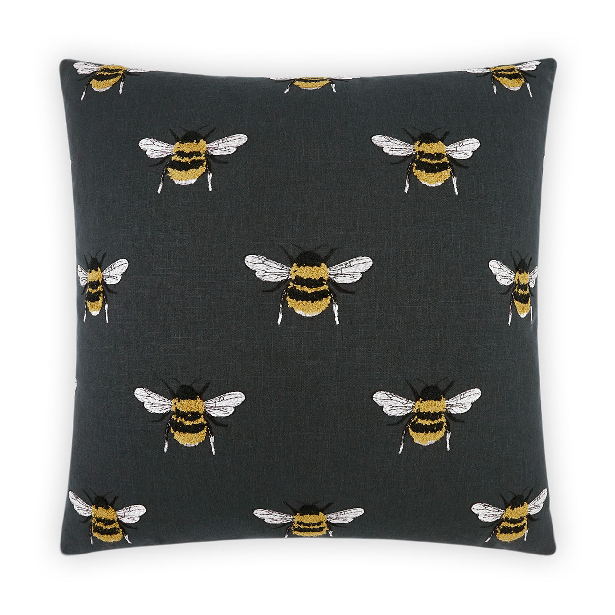 Dark charcoal square decorative pillow with repeating yellow-and-black bees on white wings, embroidered.