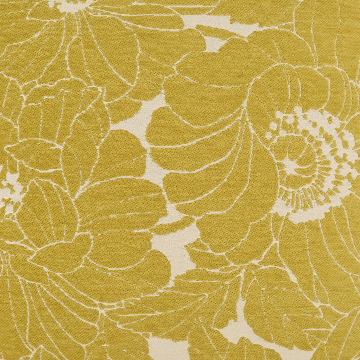 Mustard yellow floral woven fabric with oversized white petal outlines; soft textile for upholstery or apparel.