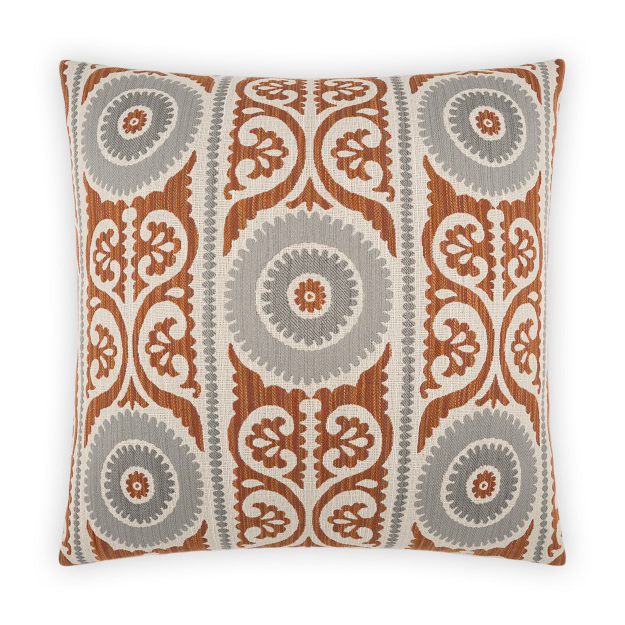 Decorative square throw pillow in rust orange and cool gray with damask circular medallion print.