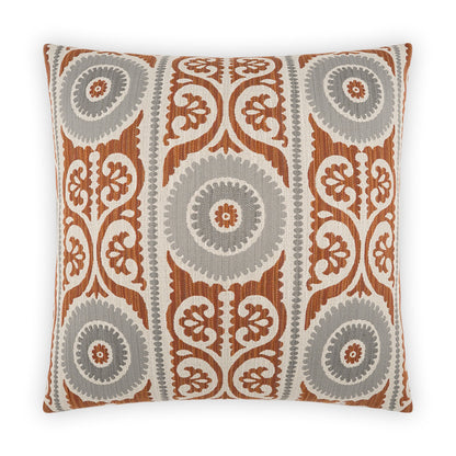 Decorative square throw pillow in rust orange and cool gray with damask circular medallion print.