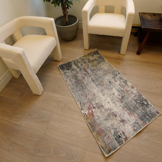2' X 10' Gray And Ivory Abstract Runner Rug