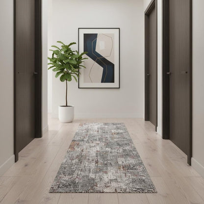2' X 10' Gray And Ivory Abstract Runner Rug