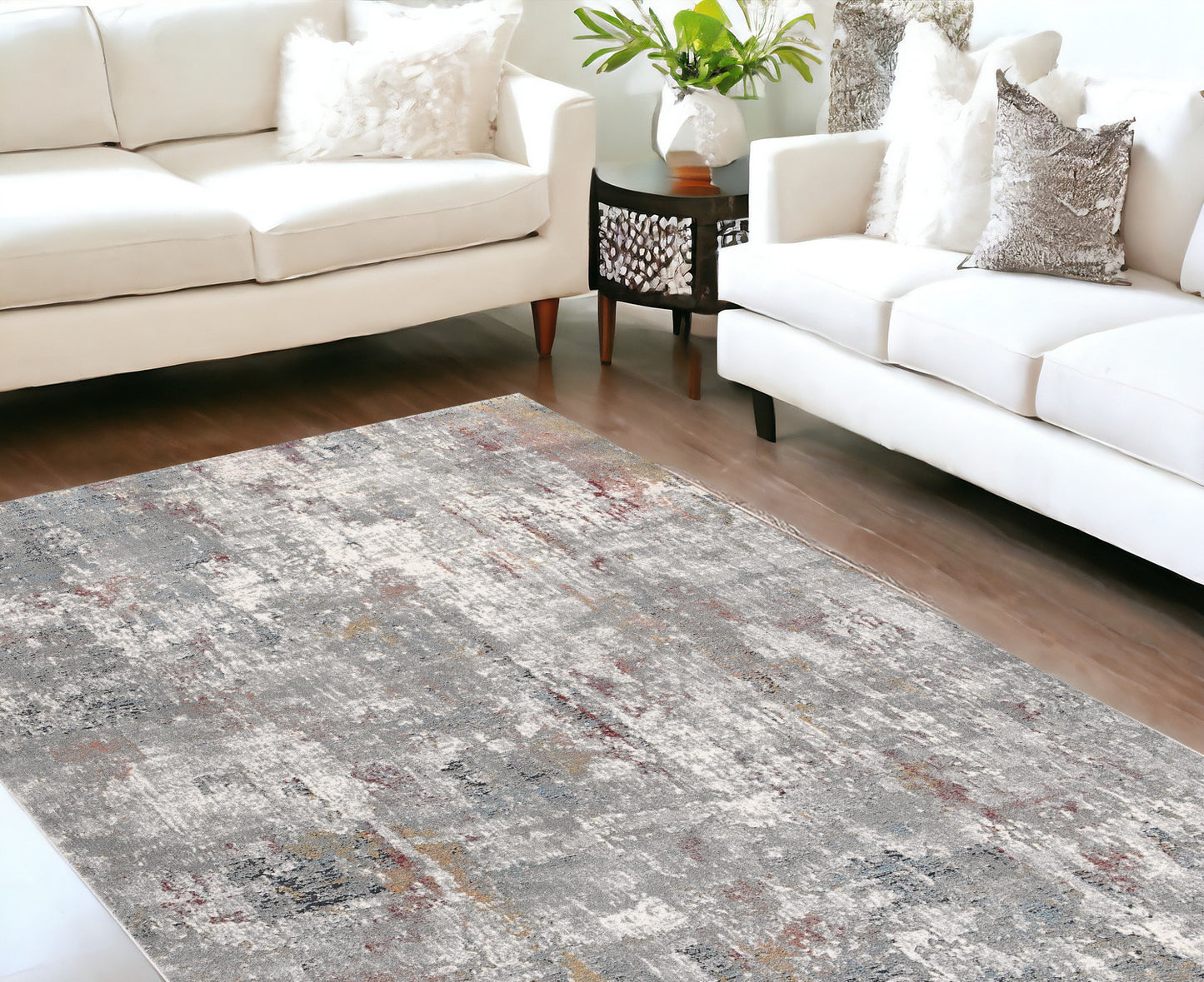 2' X 10' Gray And Ivory Abstract Runner Rug