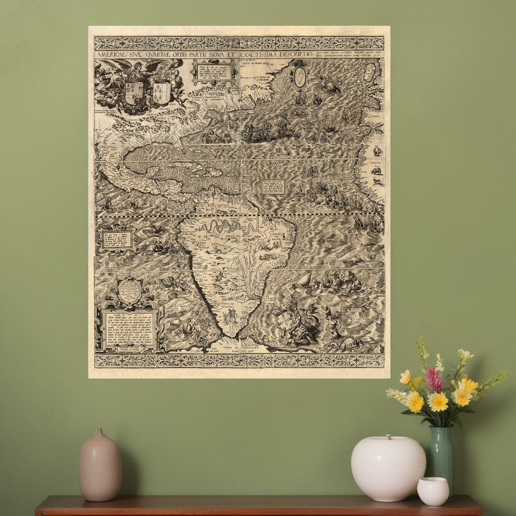 Vintage 1562 Map Of Early Americas Unframed Print Wall Art