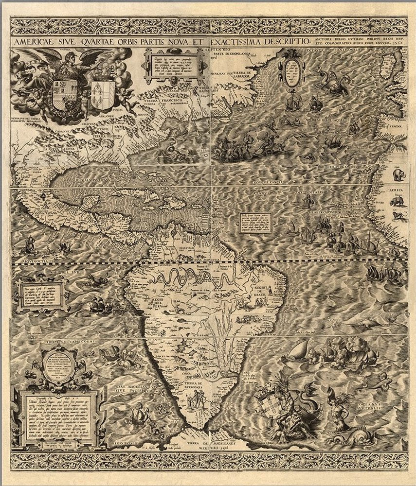 Vintage 1598 Map Of The Americas Unframed Print Wall Art