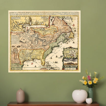 Vintage 1718 Map Of New France Unframed Print Wall Art