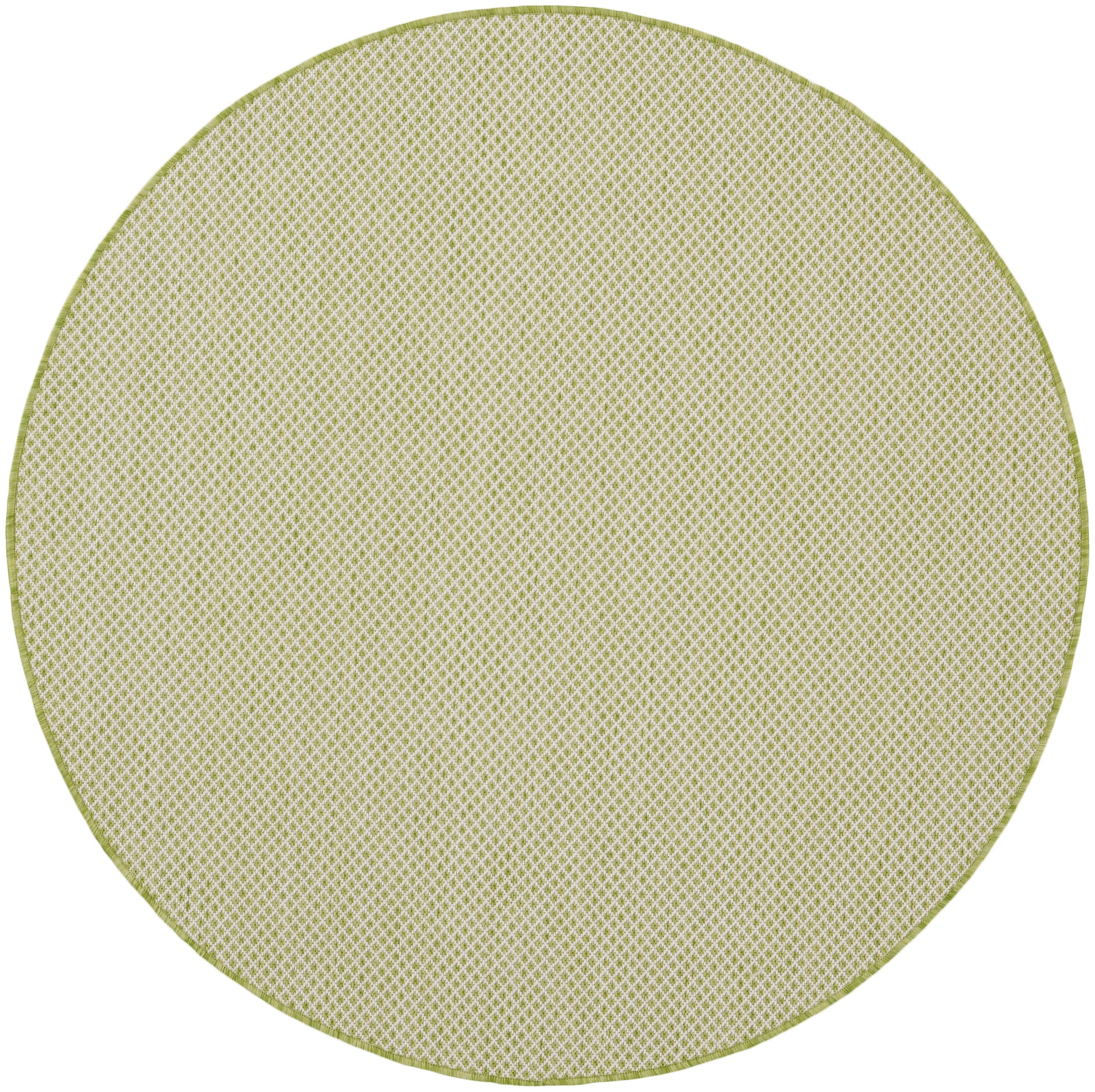 Round beige rug with a lime-green border; modern circular rug, 5' diameter.