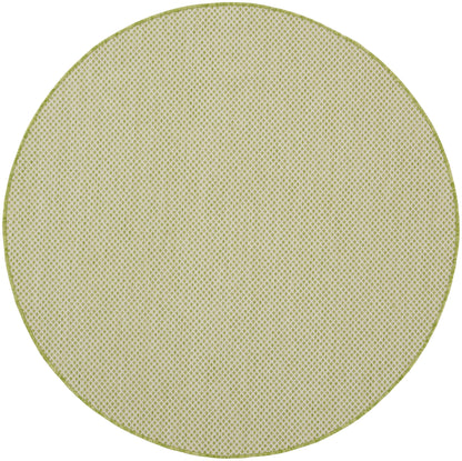 Round beige rug with a lime-green border; modern circular rug, 5' diameter.