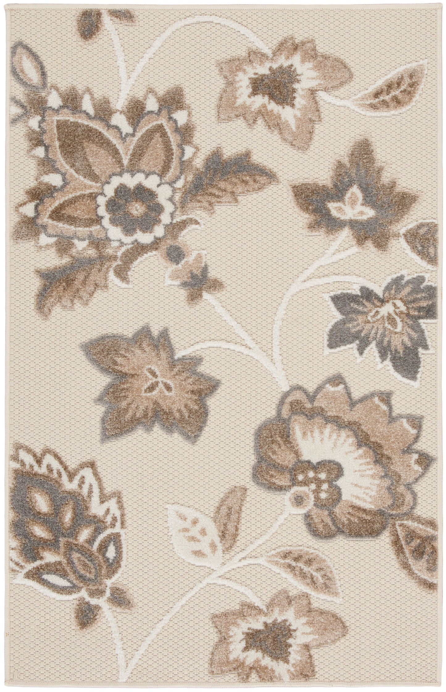 Beige rectangular rug with taupe, brown and ivory florals and vines; soft woven texture.