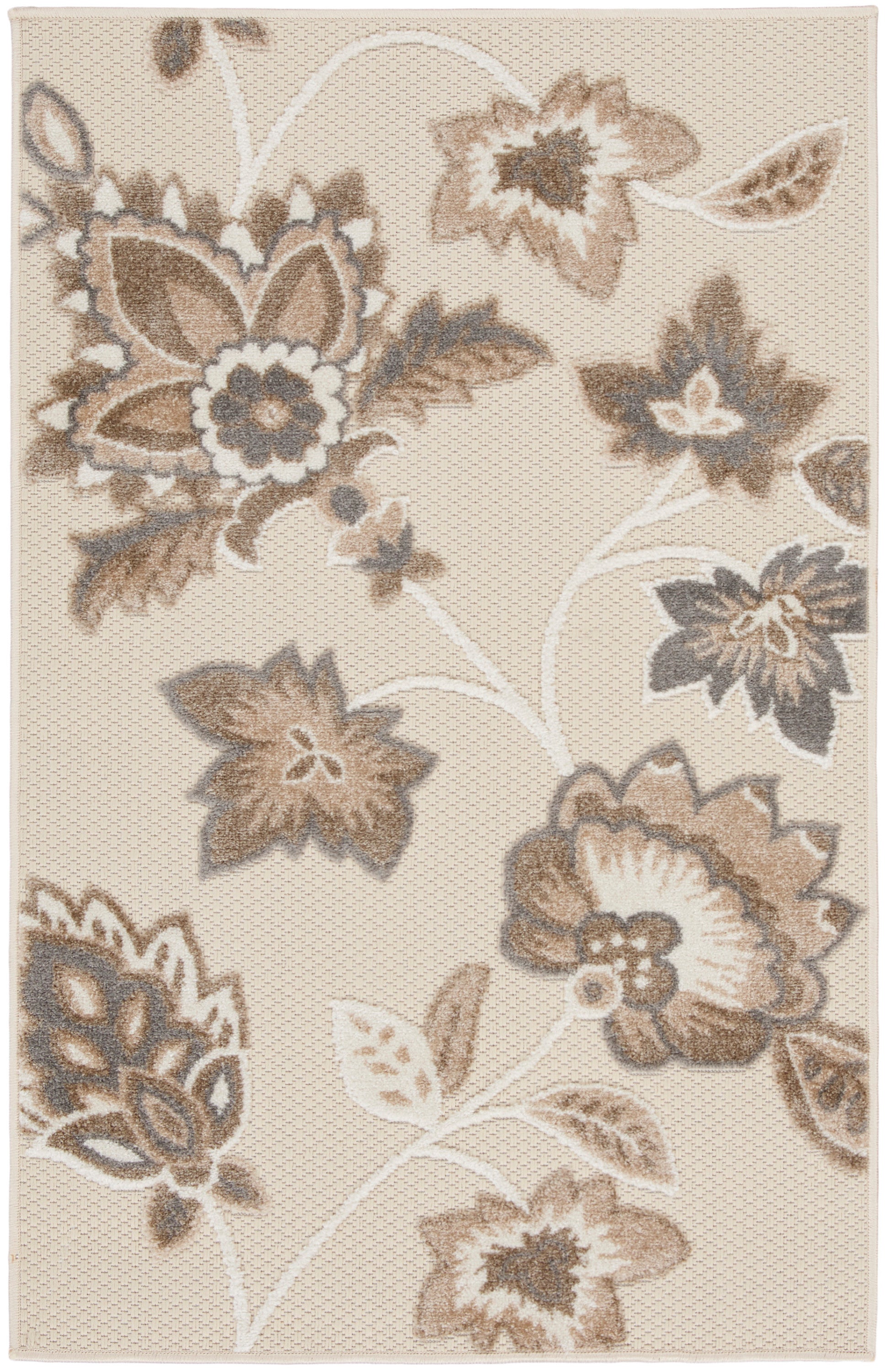 Beige rectangular rug with taupe, brown and ivory florals and vines; soft woven texture.
