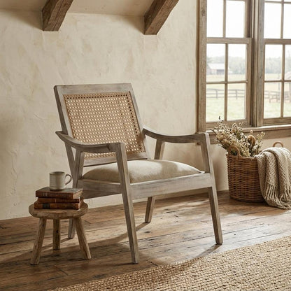 28" Cream and Natural Fabric Distressed Arm Chair