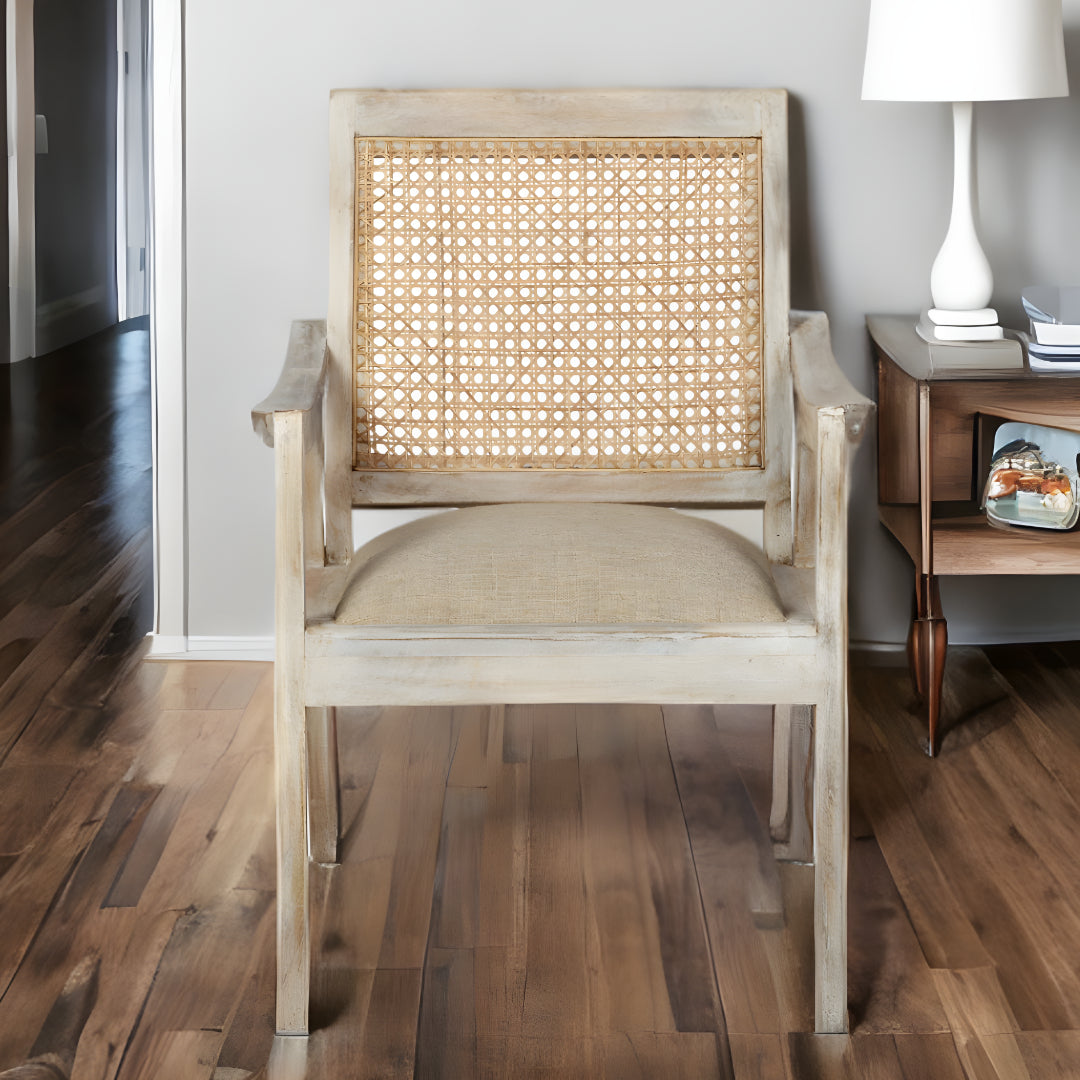 28" Cream And Brown Fabric Distressed Arm Chair