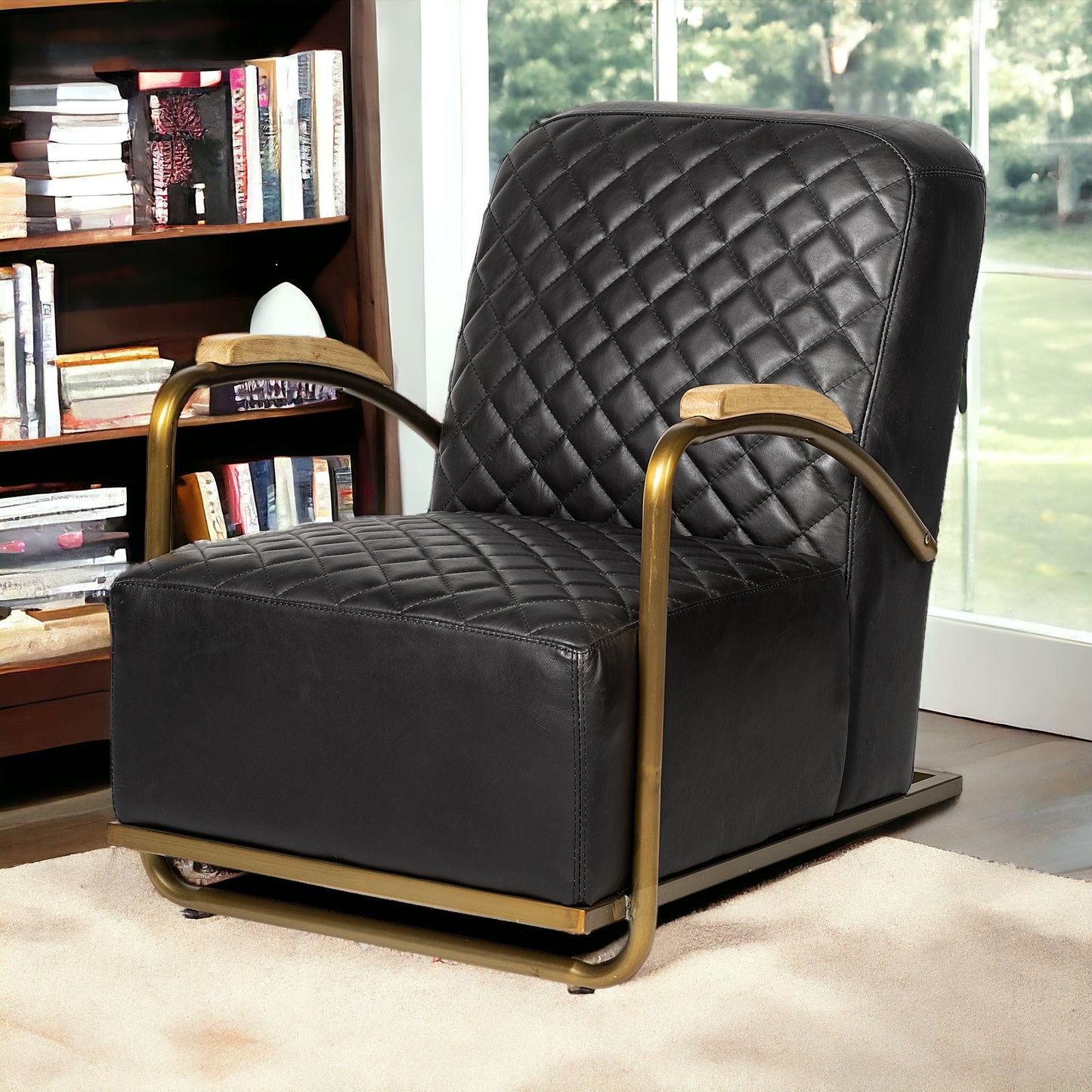 36" Black And Gold Leather Lounge Chair