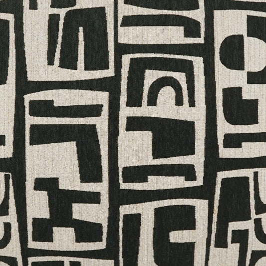 Beige linen fabric with bold black geometric block pattern and abstract shapes.