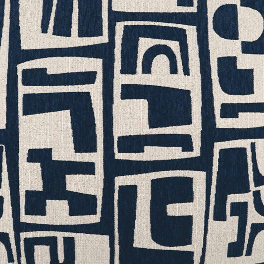 Navy geometric blocks on natural beige woven fabric; bold modern textile pattern.