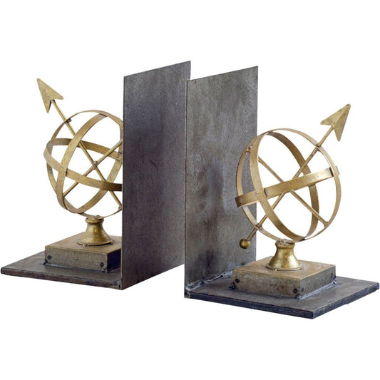 Set of Two Gold Metal Sphere Compass Decorative Bookends