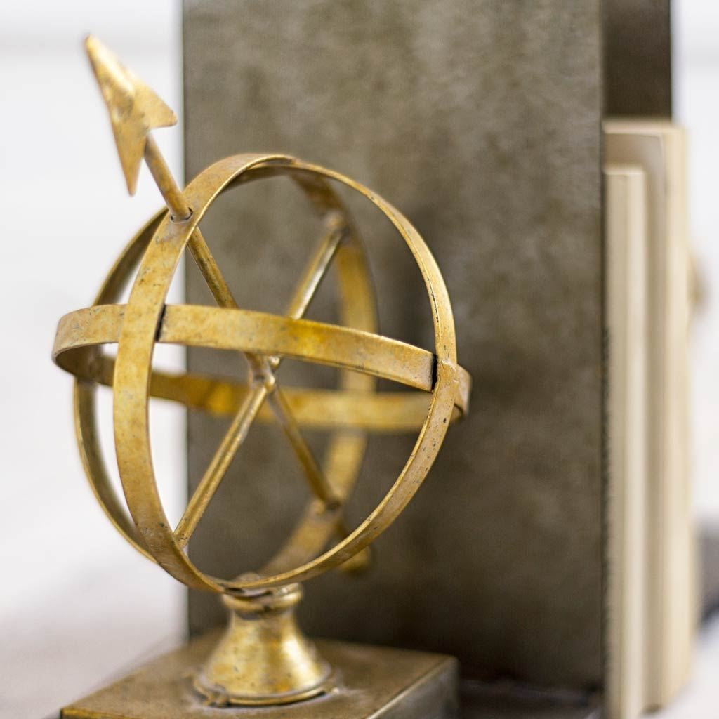 Set of Two Gold Metal Sphere Compass Decorative Bookends