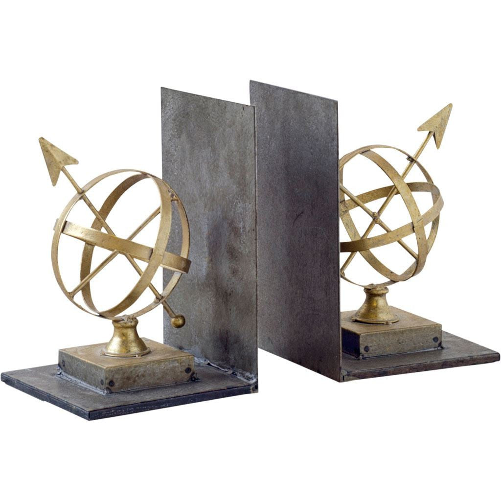 Set of Two Gold Metal Sphere Compass Decorative Bookends