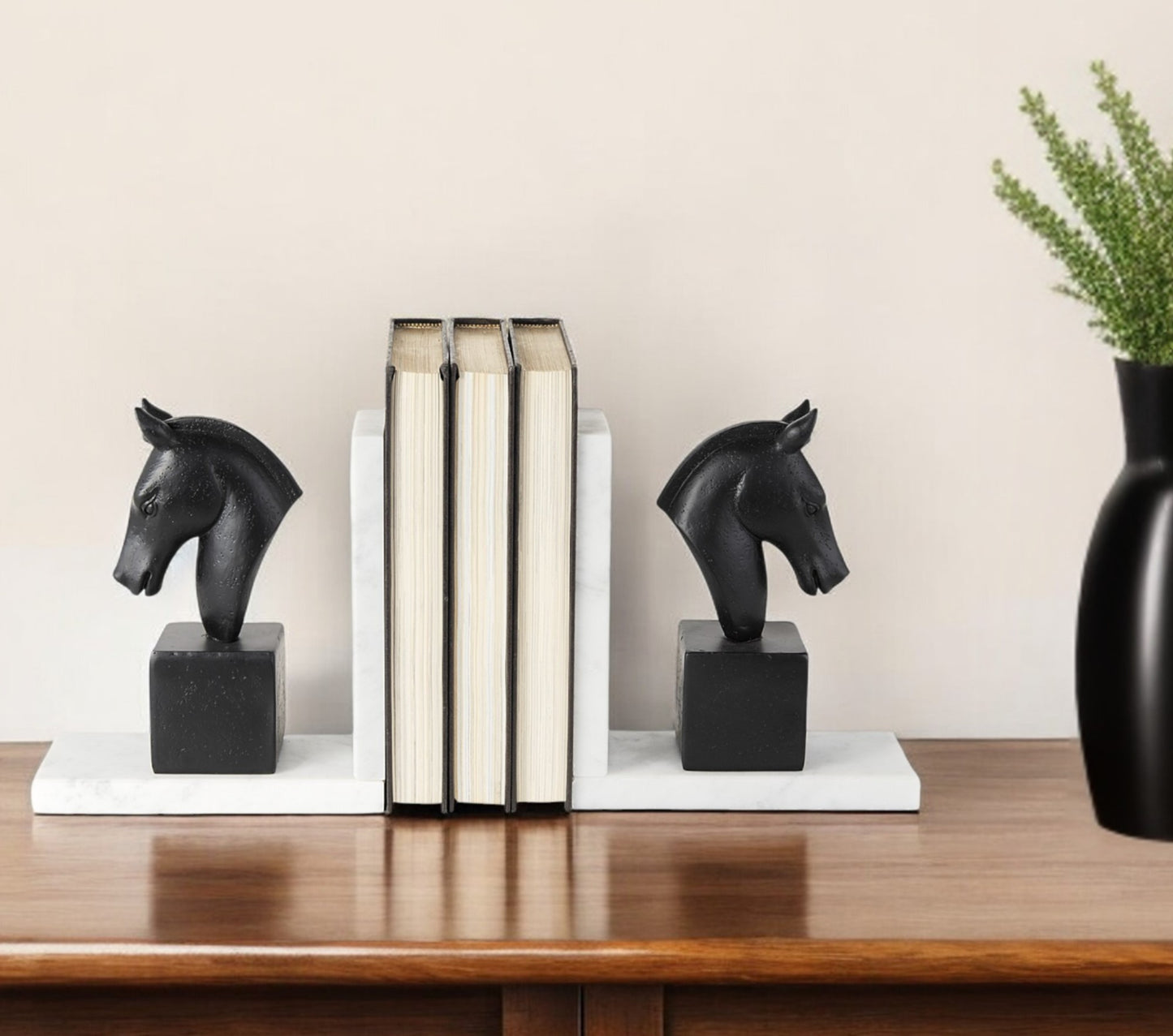 Black Stallion On White Marble Bookends