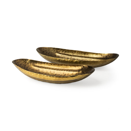 Set Of Two Gold Boat Shaped Hammered Bowls