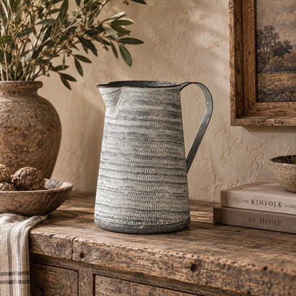 11" Gray and White Abstract Metal Jug Vase