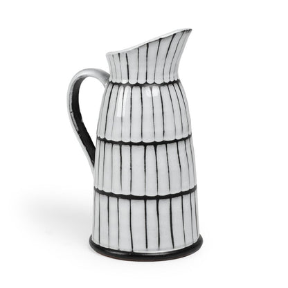 13" Black And White Ceramic Cylinder Jug Vase With Sculptural Details