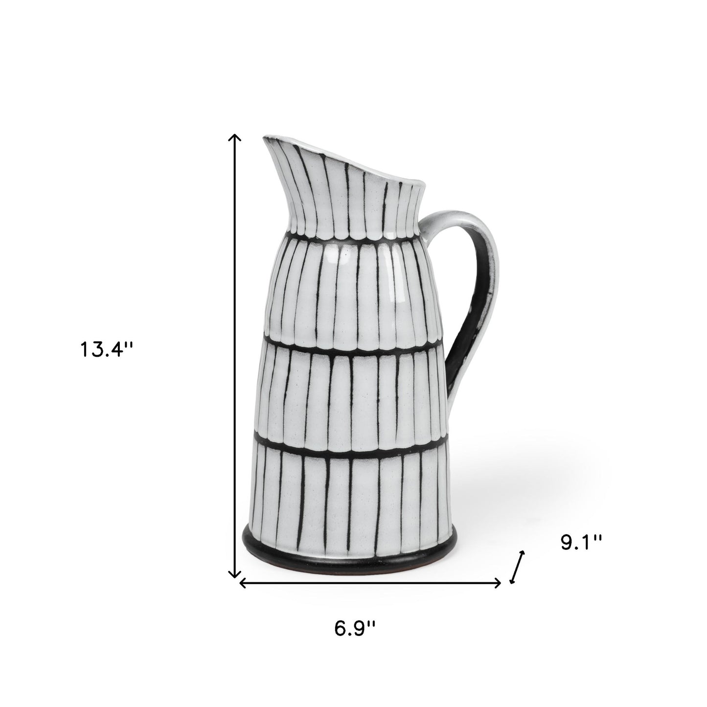 13" White And Black Artisan Glaze Ceramic Pitcher