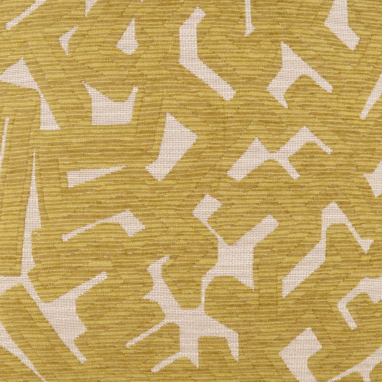 Mustard-yellow textured woven fabric with cream irregular abstract shapes.