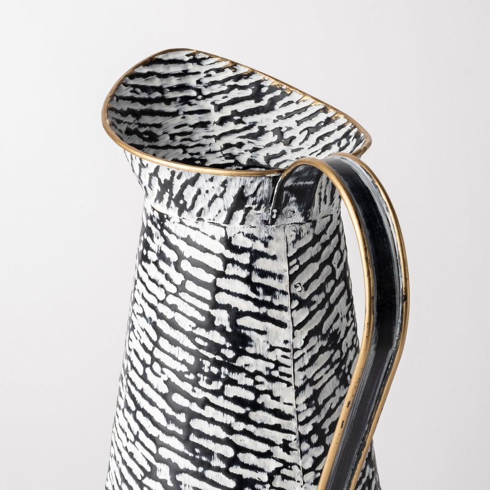 14" Black And White Abstract Cylinder Metal Jug Vase