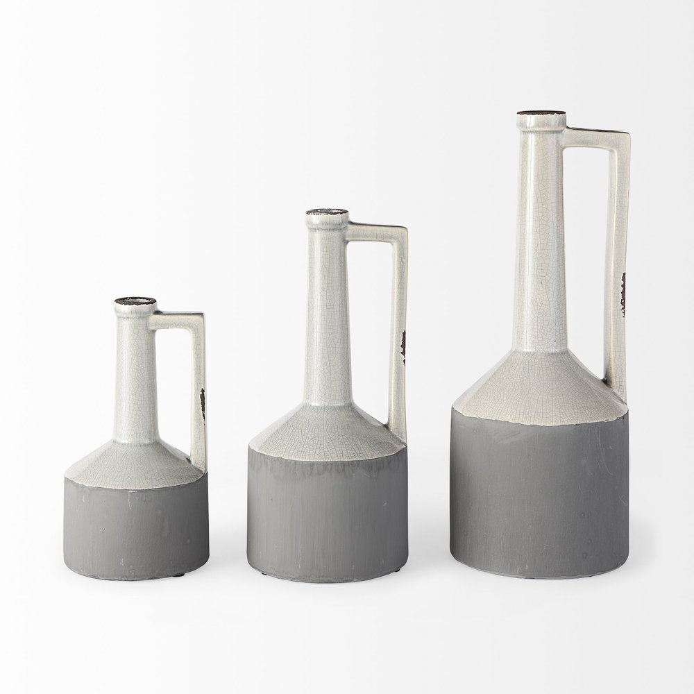 13" Gray And White Cylinder Ceramic Urns Jars