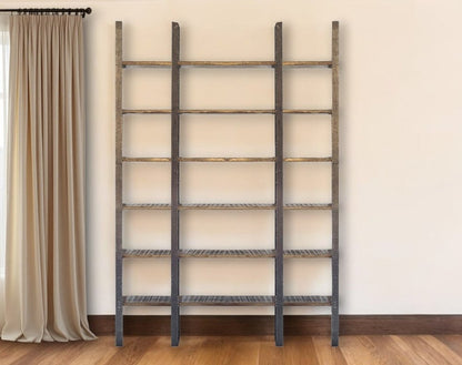 Brown Iron and Solid Wood Six Tier Bookcase