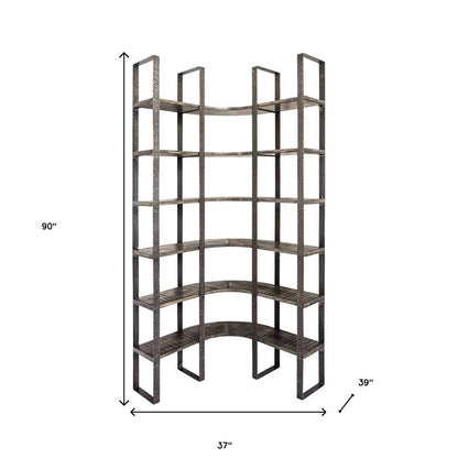 Brown Iron and Solid Wood Six Tier Bookcase