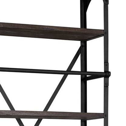 Black Iron and Solid Wood Five Tier Bookcase with Two Drawers