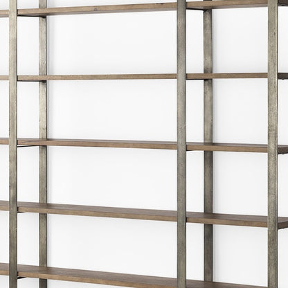 Brown Nickel and Solid Wood Six Tier Bookcase