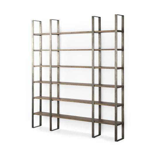 Six-tier solid wood bookcase with a brown nickel finish.