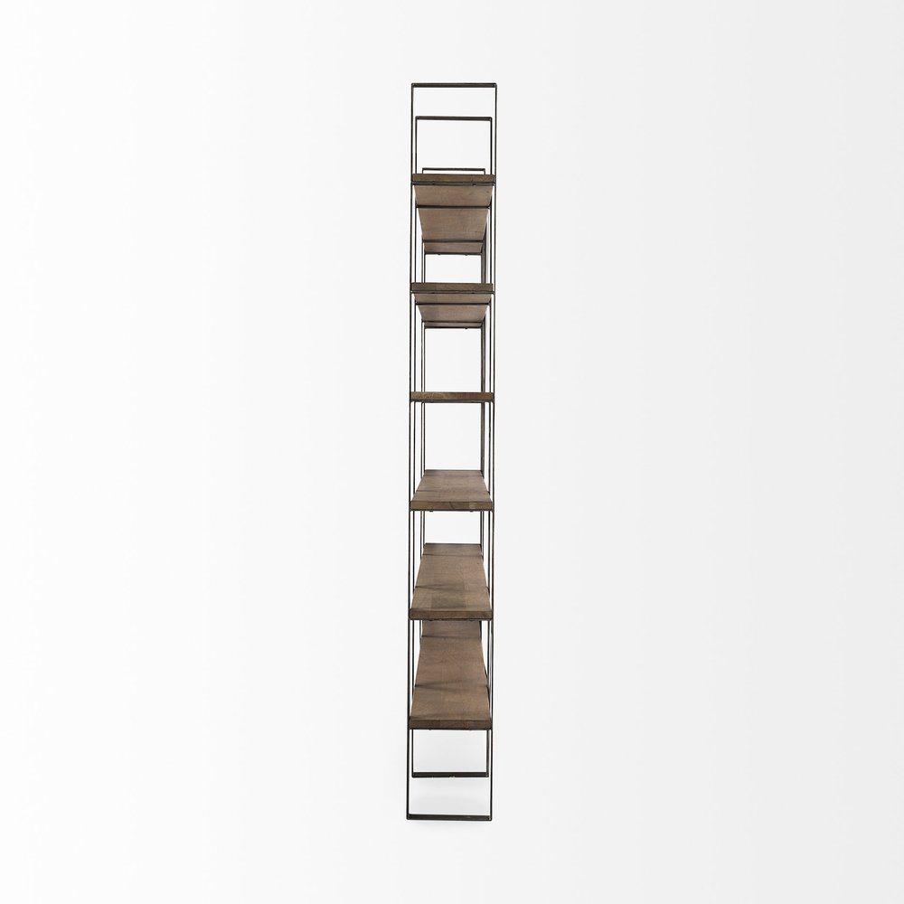 Brown Nickel and Solid Wood Six Tier Bookcase