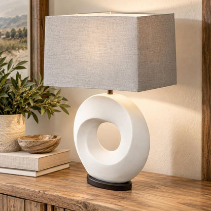 27" White Geometric Table Lamp With Gray Shade