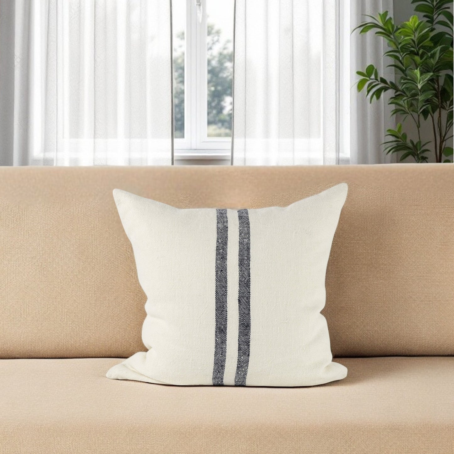 22" Beige And Central Blue Stripes Square Accent Pillow Cover