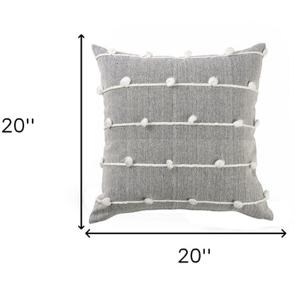 20" Gray and White Striped Linen Throw Pillow Cover With Embroidery and Pom Poms