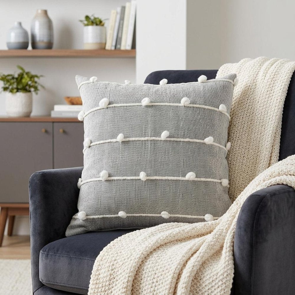 20" Gray and White Striped Linen Throw Pillow Cover With Embroidery and Pom Poms