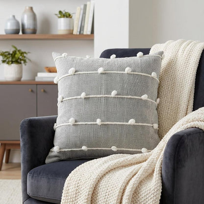 20" Gray and White Striped Linen Throw Pillow Cover With Embroidery and Pom Poms
