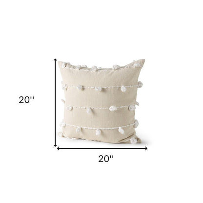 20" Cream And White Striped Canvas Throw Pillow Cover with Embroidery And Pompoms