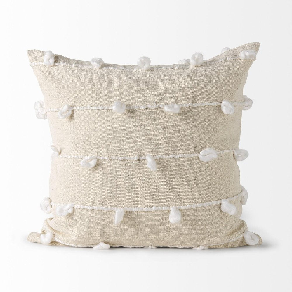 20" Cream And White Striped Canvas Throw Pillow Cover with Embroidery And Pompoms