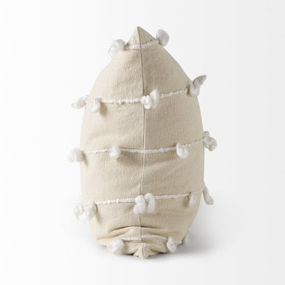 20" Cream And White Striped Canvas Throw Pillow Cover with Embroidery And Pompoms