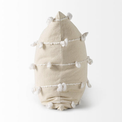 20" Cream And White Striped Canvas Throw Pillow Cover with Embroidery And Pompoms