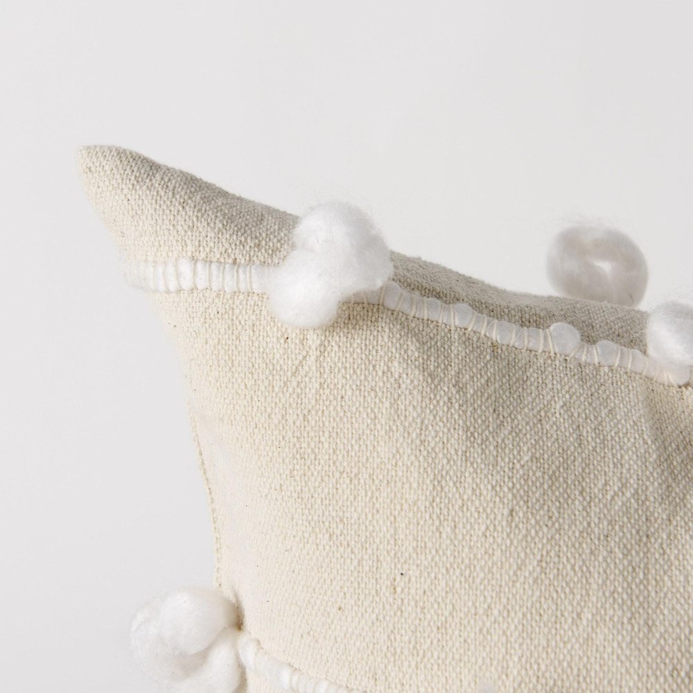 20" Cream And White Striped Canvas Throw Pillow Cover with Embroidery And Pompoms