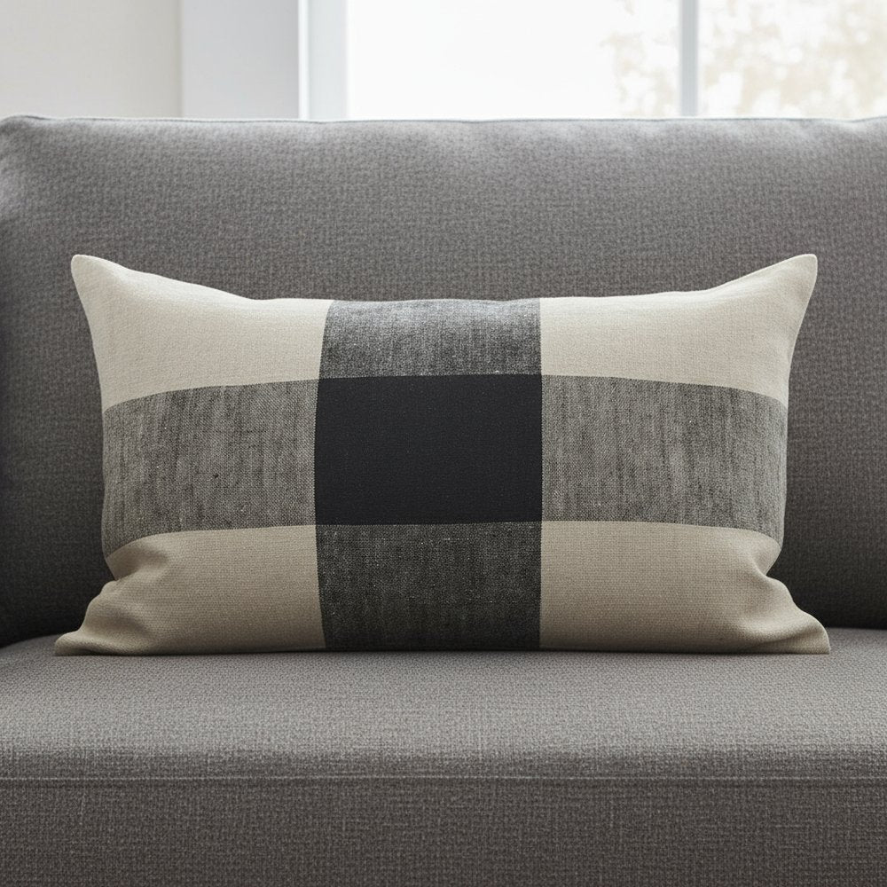 Beige And Black Plaid Pattern Lumbar Throw Pillow Cover