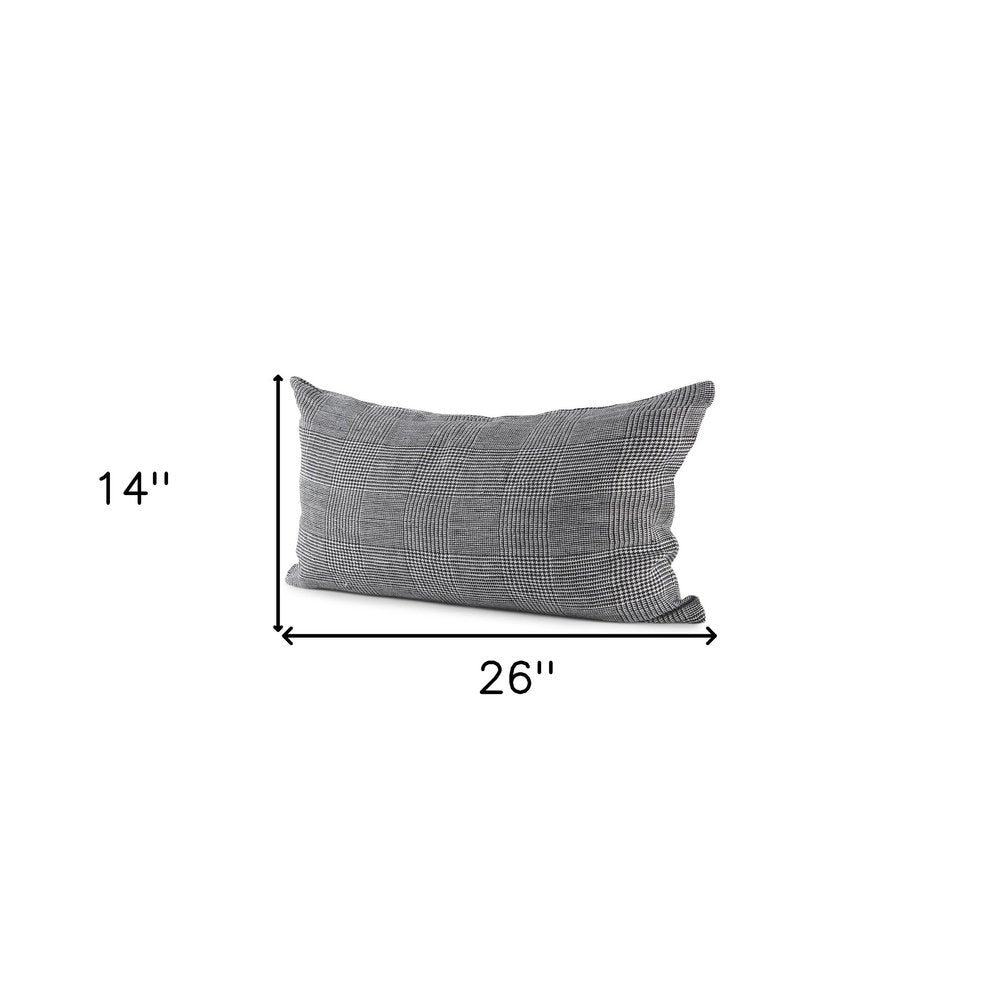 14" X 26" Black And White Herringbone Plaid Linen Throw Pillow Cover