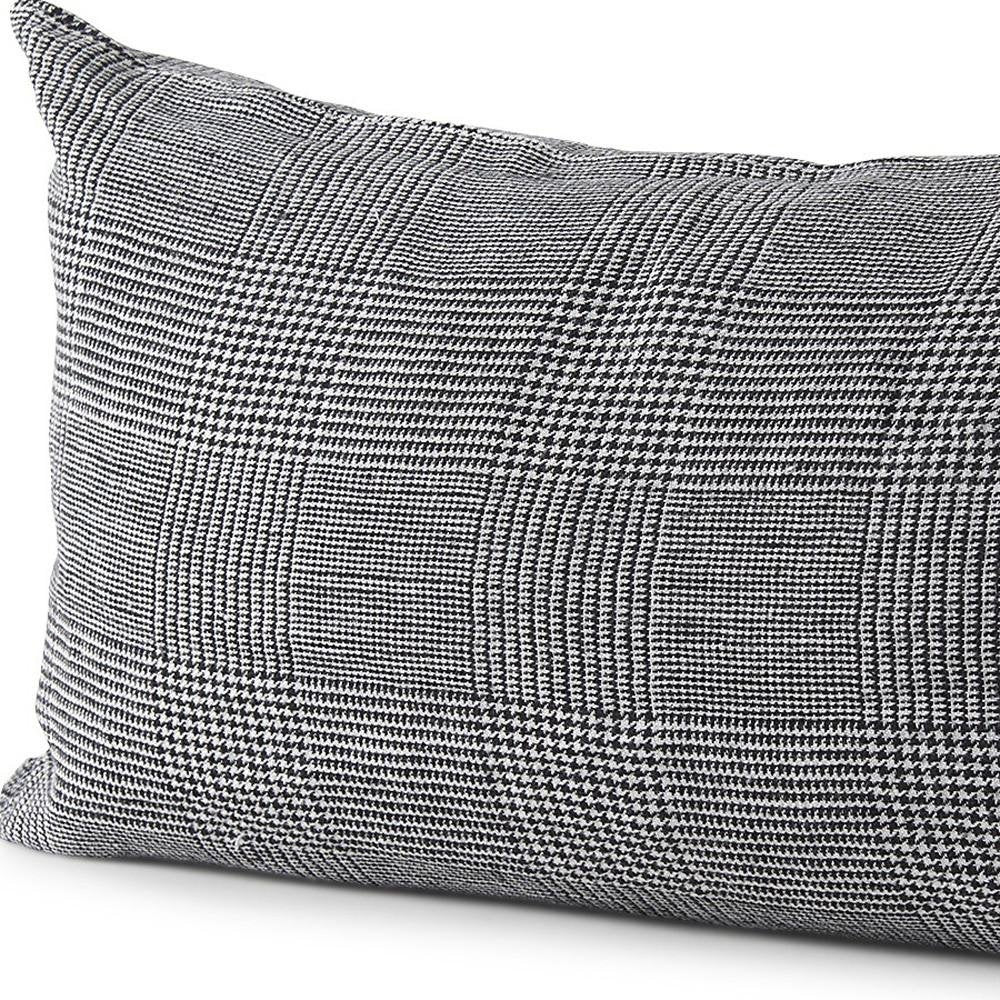 14" X 26" Black And White Herringbone Plaid Linen Throw Pillow Cover