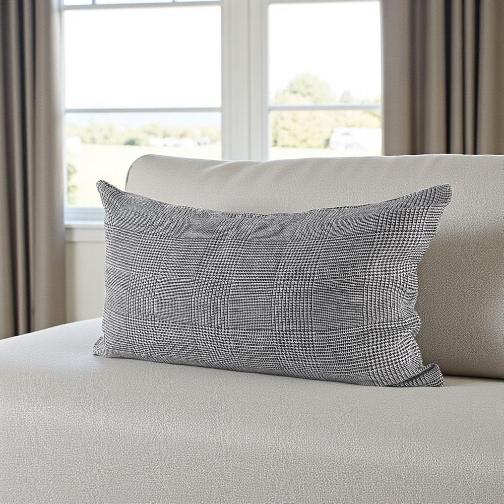 14" X 26" Black And White Herringbone Plaid Linen Throw Pillow Cover